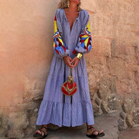 Women's Stripe Maxi Dress, V Neck Puff Long Sleeve With Tiered Ruffle Hem Swing Dress