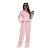 RONGTAI 2 Piece Outfits Sweatsuit For Women Casual Long Sleeve V Neck Pullover Tracksuit Solid Soft Comfy Tracksuits Set