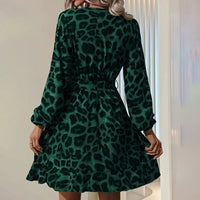 Women's Leopard Print Ruffle Hem Long Sleeve V Neck Belted A Line Dress