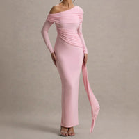 Women's Elegant One-Shoulder Ruffle Dress, Long Sleeve Bodycon Gown With Flowing Ribbon For Spring And Fall