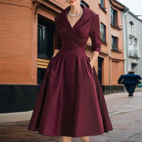 Elegant Cross V-Neck Midi Dress – Flared Skirt with Pockets