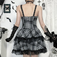 Black Gray Plaid Lace Dress For Women Summer New