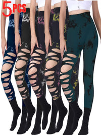 5 Pack Wholesale Fashion Women Sports Yoga High Waist Tie Dye Print Ripped Hollow Leggings Pants