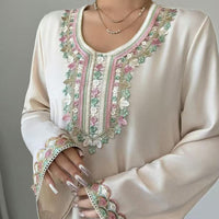Women's Middle Eastern Embroidered Maxi Dress - Round Neck Long Sleeve Flowy Kaftan With Exquisite Embroidery, Loose Fit