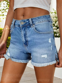 Women's Fashion Stretch Denim Shorts, Raw Edge Slit Design, Stretch Ripped Denim Shorts, Women's Denim Clothing