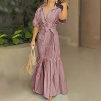 Women's Summer Casual Striped Button Down Maxi Dress Tie Waist Short Sleeve Shirt Dress With Pockets