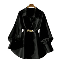 Women's Elegant Lapel Button-Down Top With Adjustable Metal Waist Belt Solid Color Loose Fit Blouse For Casual & Office Wear