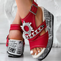 Newspaper Buckle Denim Wedge Slides - Anklet Not Included