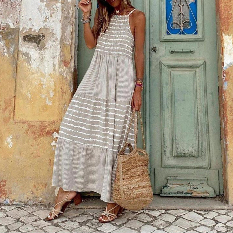 Women's Halter Neck Sleeveless Dress Casual Loose Striped Summer Vacation Long Maxi Dresses