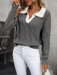 Women's Lapel Long Sleeve Contrast Color Knitted Sweater