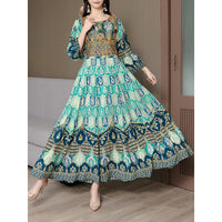 Women's Bohemian Print Maxi Dress, Ethnic Style Round Neck 3 4 Sleeve Embroidered Flowy Party Dress