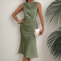 Women's Summer Sleeveless Tank Dress Crew Neck Slim Fit Ruched Bodycon Dress Casual Party Club Dress