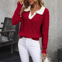 Women's Lapel Long Sleeve Contrast Color Knitted Sweater