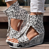 Round Toe Fish Mouth Leopard Print Casual High Heel Wedge Shoes - Anklet Not Included