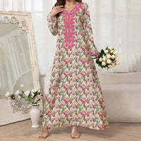 Women's Elegant Pink Floral Print Maxi Dress Vacation Style Long Sleeve A-line Flowy Dress