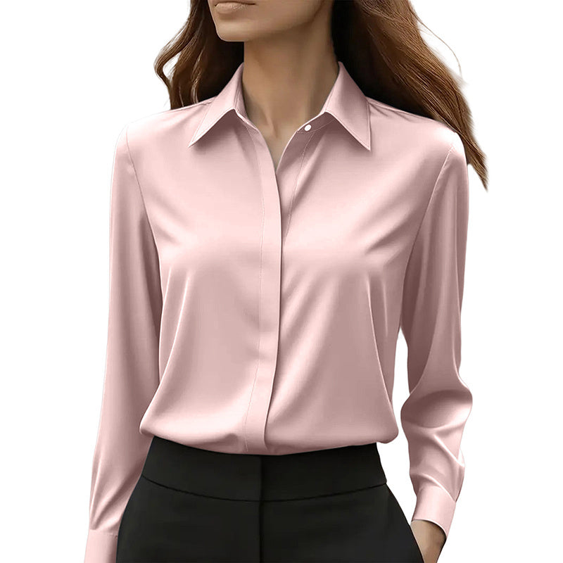 Fleece Bathrobe Satin Blouse, V Neck Loose Fit Tunic Top For Business Casual Office Fall