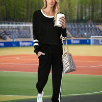 Women's Casual Striped Tracksuit Set, Long Sleeve Crewneck Sweatshirt And Drawstring Jogger Pants, 2-Piece Outfit For Spring And Fall