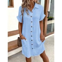 Summer Simplicity V-neck Buttons Cotton Linen Women's Shirt Dress