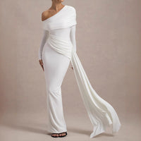 Women's Elegant One-Shoulder Ruffle Dress, Long Sleeve Bodycon Gown With Flowing Ribbon For Spring And Fall