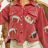 Women's Cropped Corduroy Jacket, Football Game Day Short Jacket With Button Front And Raw Hem For Fall Outfits