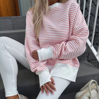 Women's Striped Sweatshirt Size Slit Long Sleeve Shirts For Women Crewneck Hoodies Casual Pullover Top