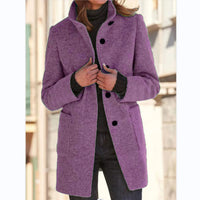 Women’s Woolen Stand Collar Coat – Fall Winter Casual Button Outwear with Pockets