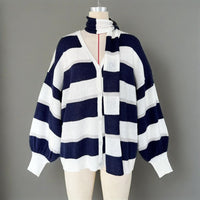 Womens Striped Cardigan Sweaters V Neck Open Front Button Up Color Block Loose Coats With Scarf