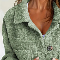 Plus Size Women's Solid Color Sherpa Jacket, Long Sleeve Lapel Single Breasted Fleece Coat With Pockets For Autumn Winter