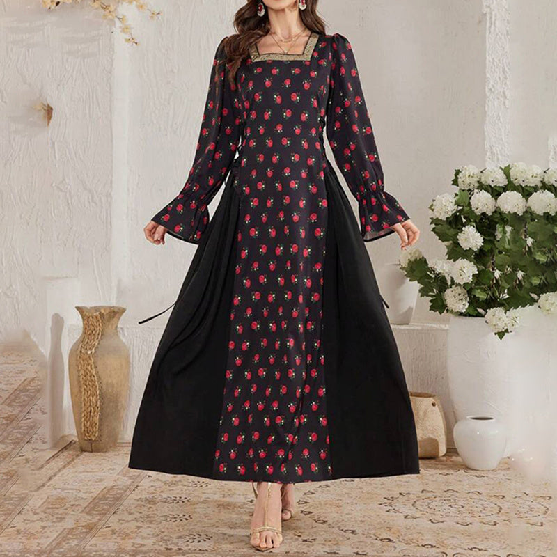 Women's Elegant Floral Print Square Neck Dress With Puff Sleeves & Cinched Waist, Summer Bohemian Dress