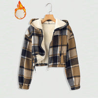 Women's Elegant Plaid Hooded Jacket, Full-Zip Lightweight Coat For Winter Casual Wear