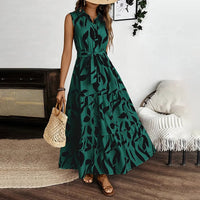 Women Sleeveless Boho Floral Maxi Dress Summer Button Shirt V Neck Flowy Belted Beach Vacation Dresses