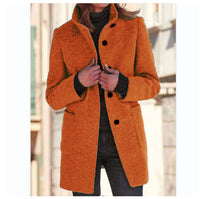 Women’s Woolen Stand Collar Coat – Fall Winter Casual Button Outwear with Pockets