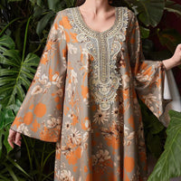 Women's Elegant Plus Size Floral Print Maxi Dress - Middle Eastern Bohemian Style Embroidery Long Dress