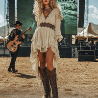 Lace Trim Retro Midi Dress – Deep V-Neck Asymmetrical Long Sleeve Dress