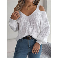 Off-Shoulder Lantern Sleeve Sweater – Solid Color Autumn Winter Knit Top