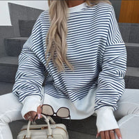 Women's Striped Sweatshirt Size Slit Long Sleeve Shirts For Women Crewneck Hoodies Casual Pullover Top