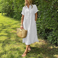 Loose Striped Short Sleeve Casual Cotton And Linen Dress