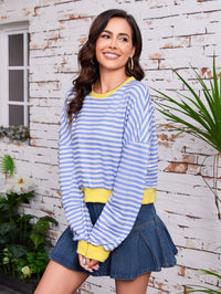 Women's Long Sleeved Striped Round Neck Sweater Top