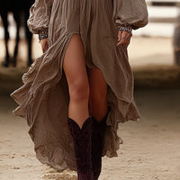 Boho Patchwork V-Neck Maxi Dress – Puff Sleeves & Asymmetric Hem