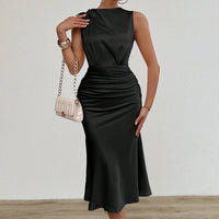 Women's Summer Sleeveless Tank Dress Crew Neck Slim Fit Ruched Bodycon Dress Casual Party Club Dress