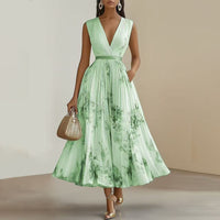 Women's Deep V-Neck Floral Print Sleeveless Maxi Dress With Pockets - Flowy Ruffle Hem Summer Beach Dress