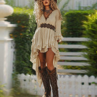 Lace Trim Retro Midi Dress – Deep V-Neck Asymmetrical Long Sleeve Dress