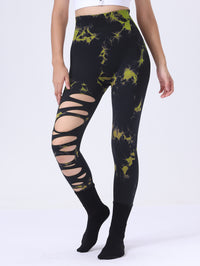 5 Pack Wholesale Fashion Women Sports Yoga High Waist Tie Dye Print Ripped Hollow Leggings Pants