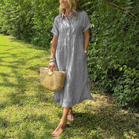 Loose Striped Short Sleeve Casual Cotton And Linen Dress