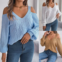 Off-Shoulder Lantern Sleeve Sweater – Solid Color Autumn Winter Knit Top