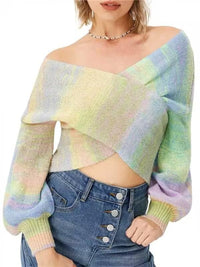 Off-the-Shoulder Color Block Sweater – Soft Knit Casual Pullover