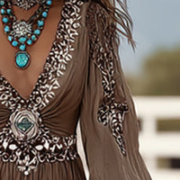 Boho Patchwork V-Neck Maxi Dress – Puff Sleeves & Asymmetric Hem