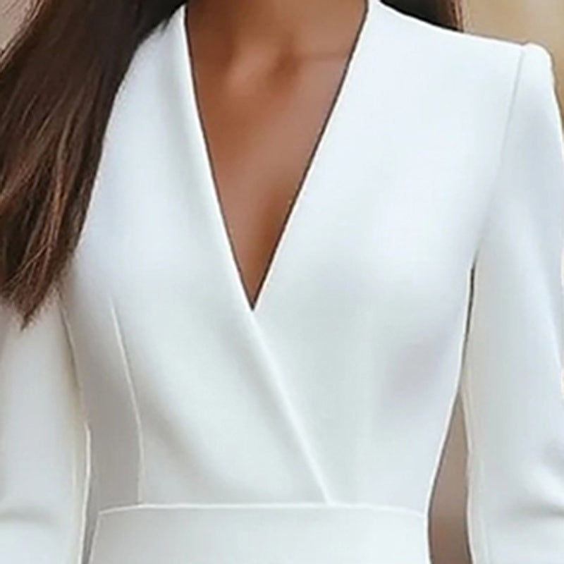 Women's Elegant Solid Color V-Neck Long Sleeve Midi Dress Slim Fit Office Dress For Spring & Summer