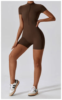 Women’s Summer Zip-Up Yoga Bodysuit – Short Sleeve Form-Fitting One-Piece