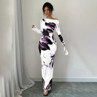 Women's Elegant Off-Shoulder Tie-Dye Floral Bodycon Dress Stretchy Season Party & Casual Dress